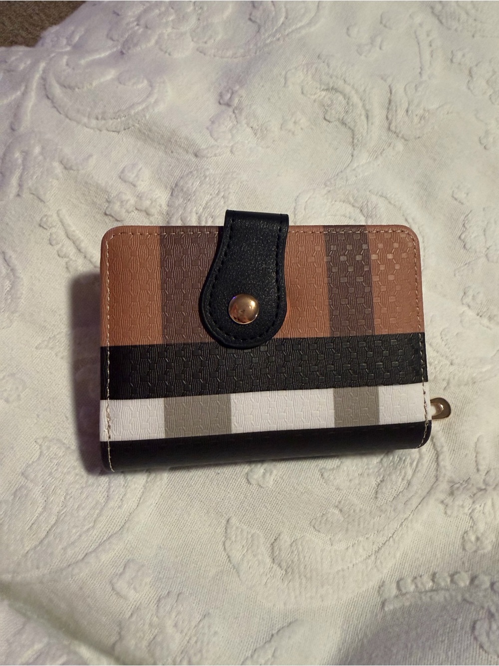 Striped Compact Wallet in Brown, Black and White
